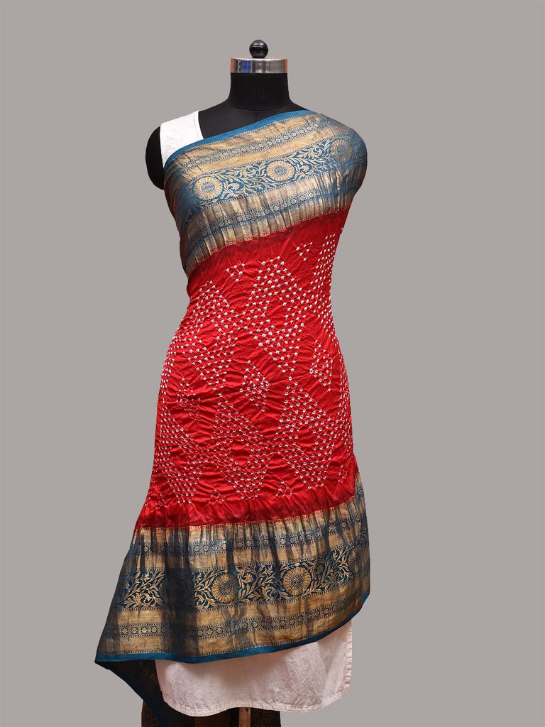 Red and Sea Green Bandhani Kalamkari Hand Painted Kanchipuram Silk Handloom Dupatta with Floral Design ds3667