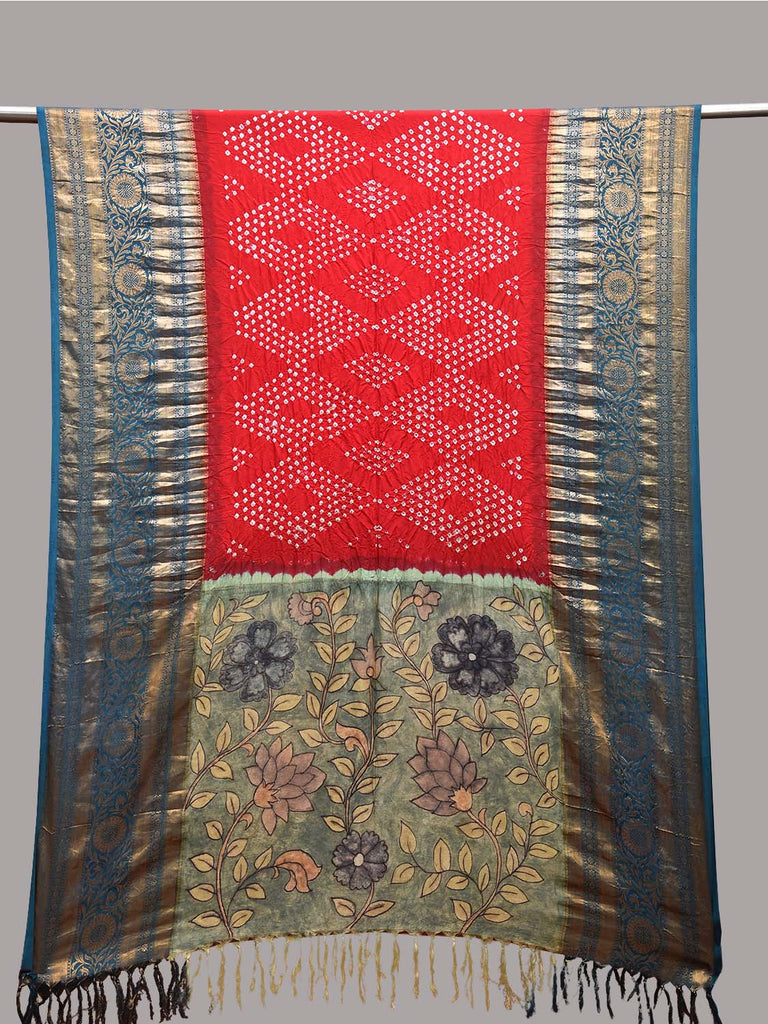 Red and Sea Green Bandhani Kalamkari Hand Painted Kanchipuram Silk Handloom Dupatta with Floral Design ds3667