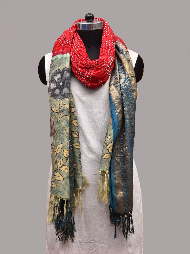 Red and Sea Green Bandhani Kalamkari Hand Painted Kanchipuram Silk Handloom Dupatta with Floral Design ds3667