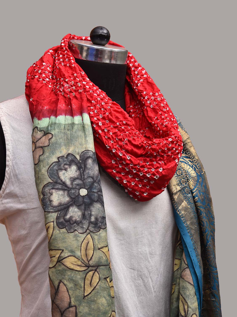 Red and Sea Green Bandhani Kalamkari Hand Painted Kanchipuram Silk Handloom Dupatta with Floral Design ds3667
