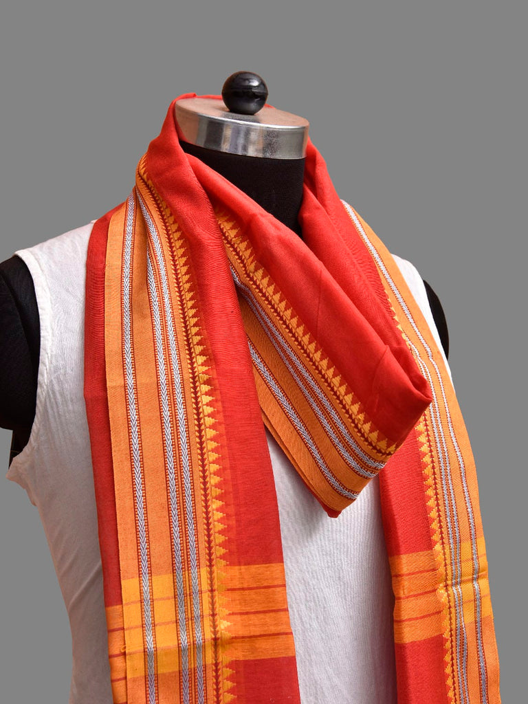 Red and Yellow Bamboo Cotton Dupatta with Small Temple Border Design ds3869