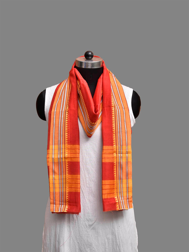 Red and Yellow Bamboo Cotton Dupatta with Small Temple Border Design ds3869