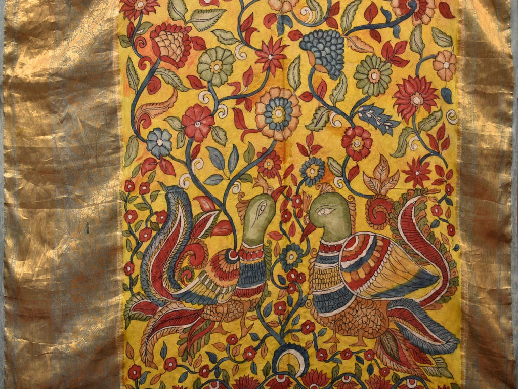 Red and Yellow Bandhani Kanchipuram Silk Handloom Saree with Kalamkari Floral and Birds Pallu Design bn0490