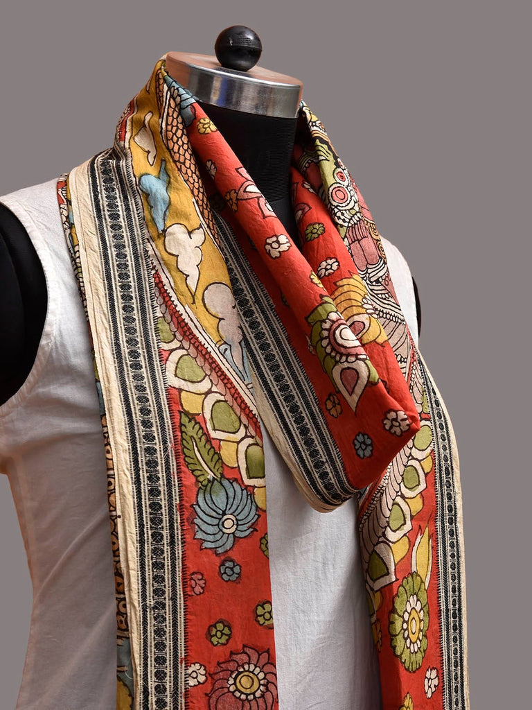 Red and Yellow Kalamkari Hand Painted Cotton Dupatta with Krishna Design ds3857
