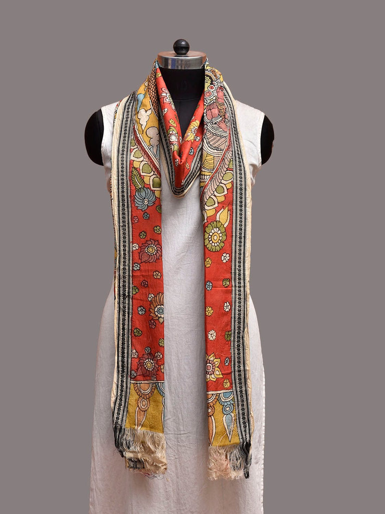 Red and Yellow Kalamkari Hand Painted Cotton Dupatta with Krishna Design ds3857
