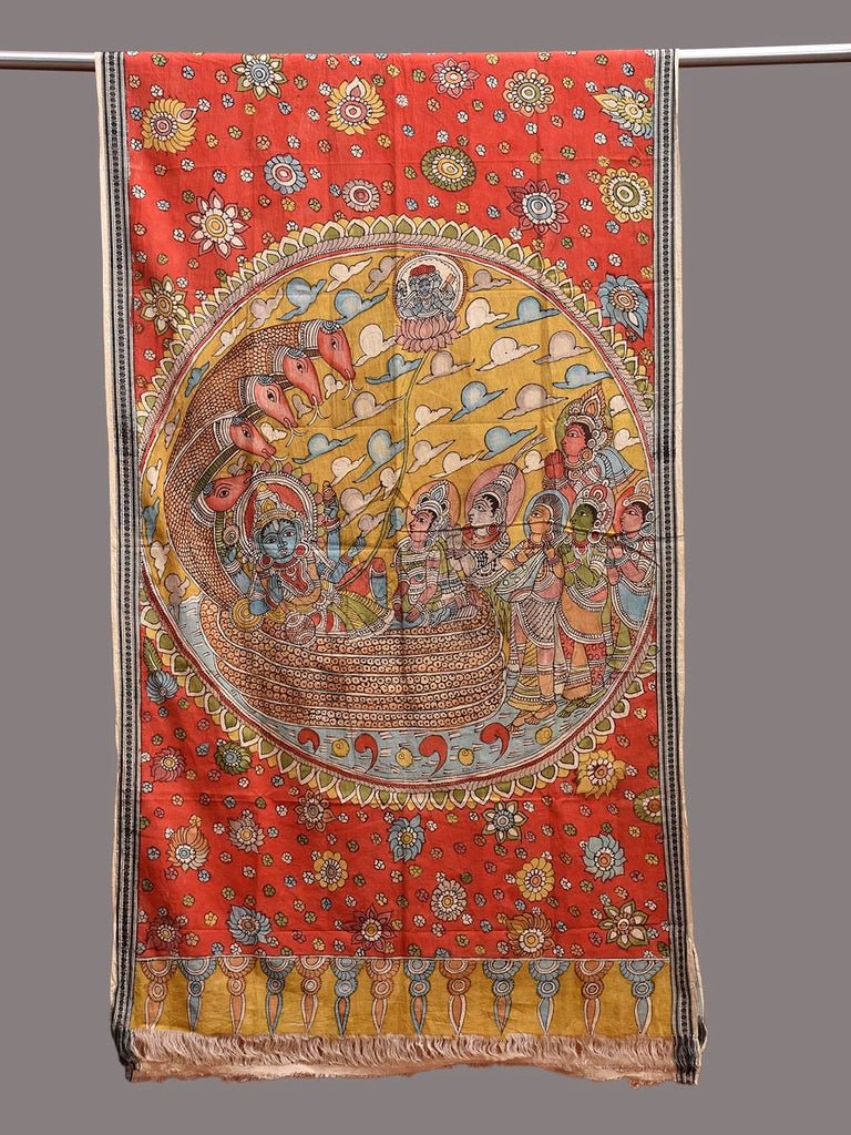 Red and Yellow Kalamkari Hand Painted Cotton Dupatta with Krishna Design ds3857
