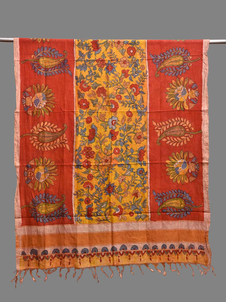 Red and Yellow Kalamkari Hand Painted Cotton Silk Handloom Dupatta with Floral Design ds3900