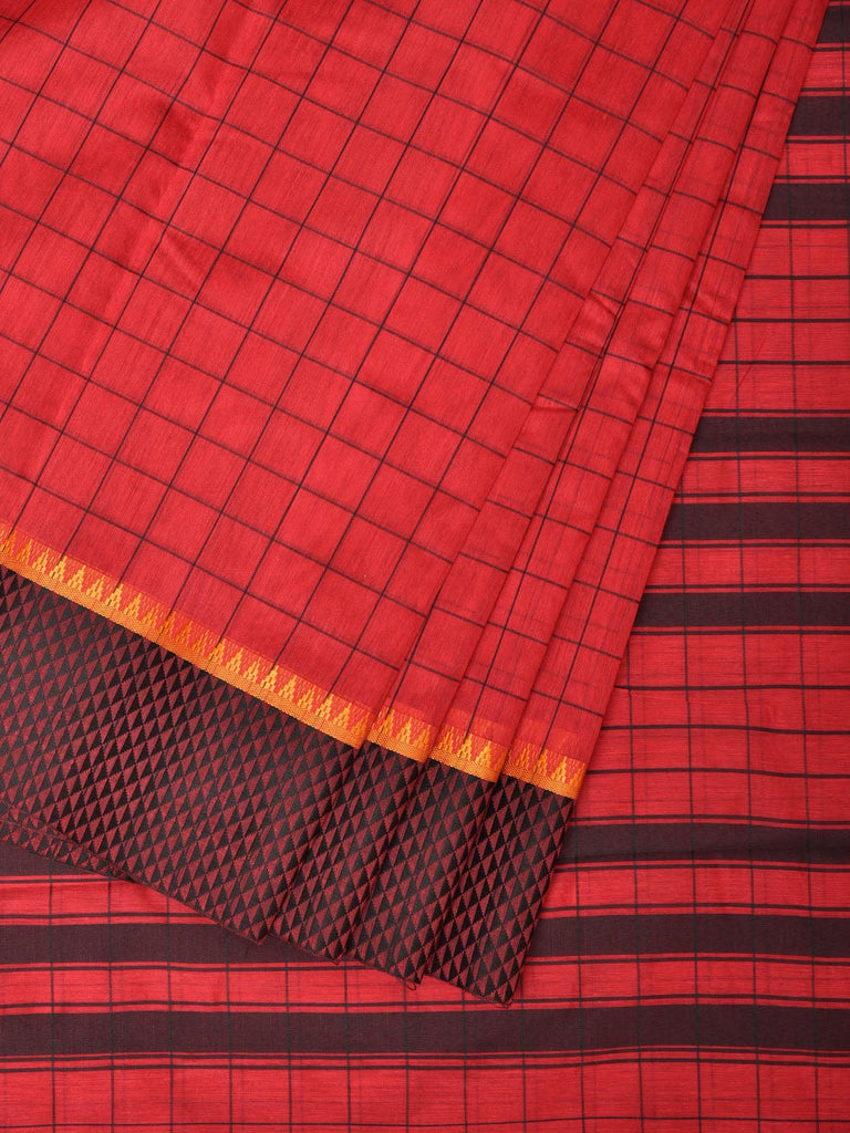 Red Bamboo Cotton Saree with Big Checks Design bc0138