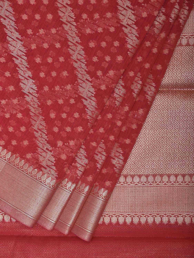 Red Dhakai Jamdani Cotton Viscose Saree with Diagonal and Border Design dj0137
