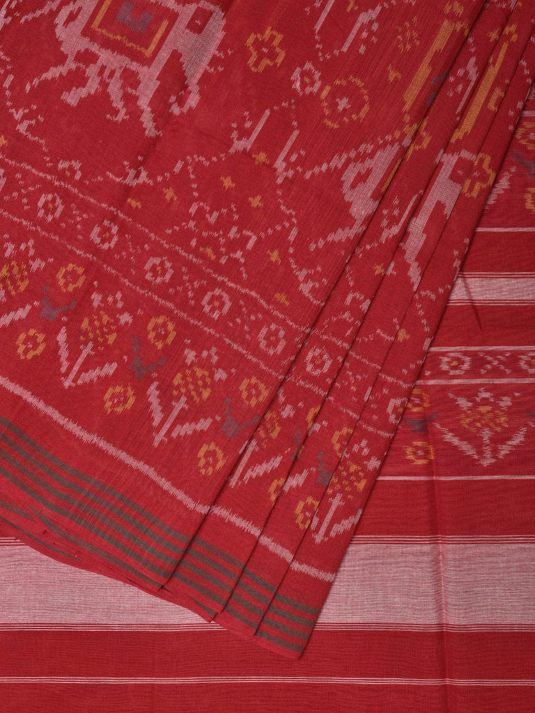 Red Ikat Cotton Handloom Saree with Elephants Design i0811