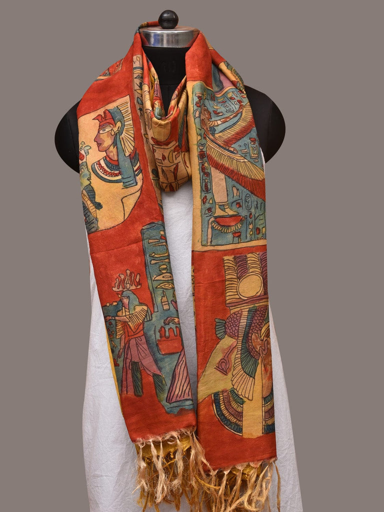 Red Kalamkari Hand Painted Kanchipuram Silk Handloom Dupatta with Egyptian Design ds3423