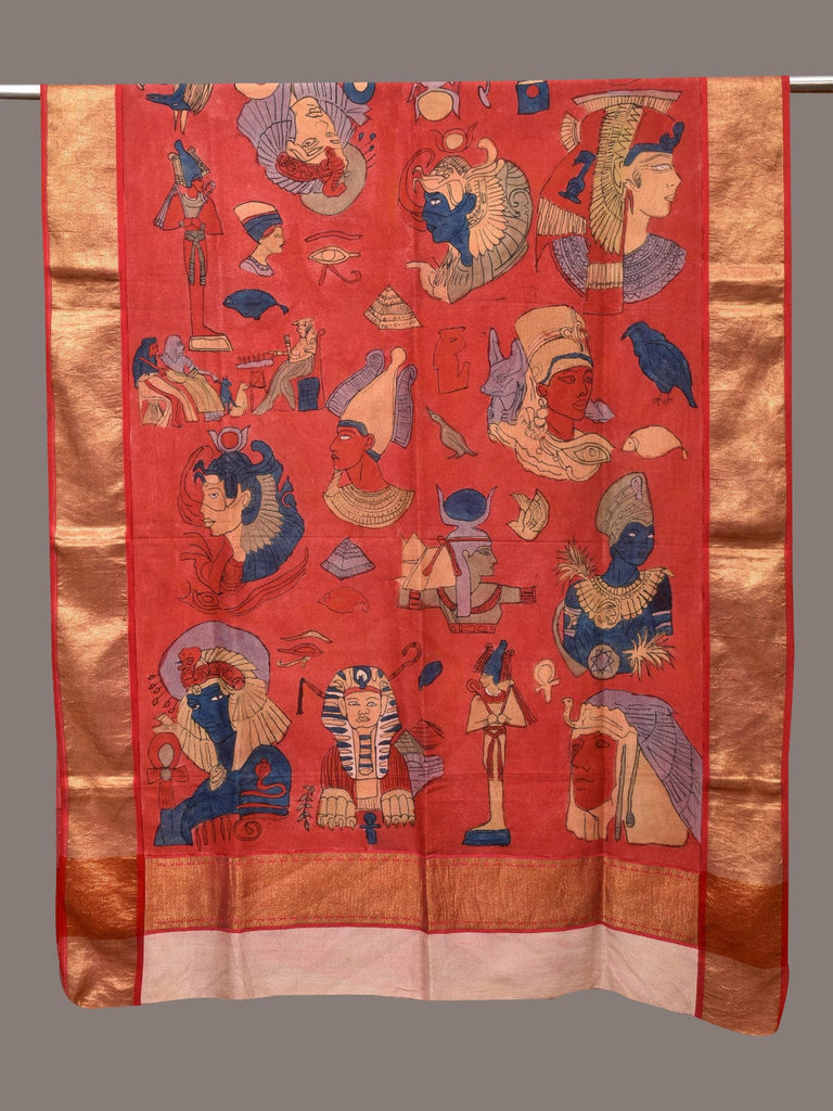 Red Kalamkari Hand Painted Kanchipuram Silk Handloom Dupatta with Egyptian Design ds3484