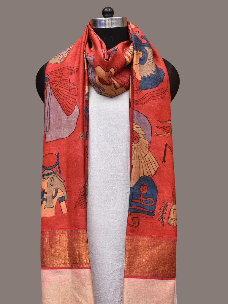 Red Kalamkari Hand Painted Kanchipuram Silk Handloom Dupatta with Egyptian Design ds3484