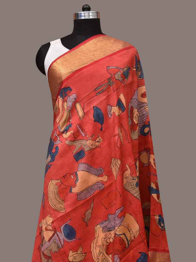 Red Kalamkari Hand Painted Kanchipuram Silk Handloom Dupatta with Egyptian Design ds3484