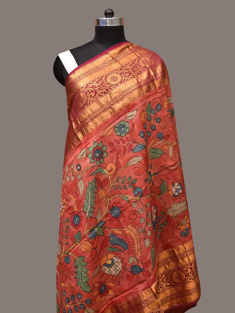 Red Kalamkari Hand Painted Kanchipuram Silk Handloom Dupatta with Floral Design ds3379