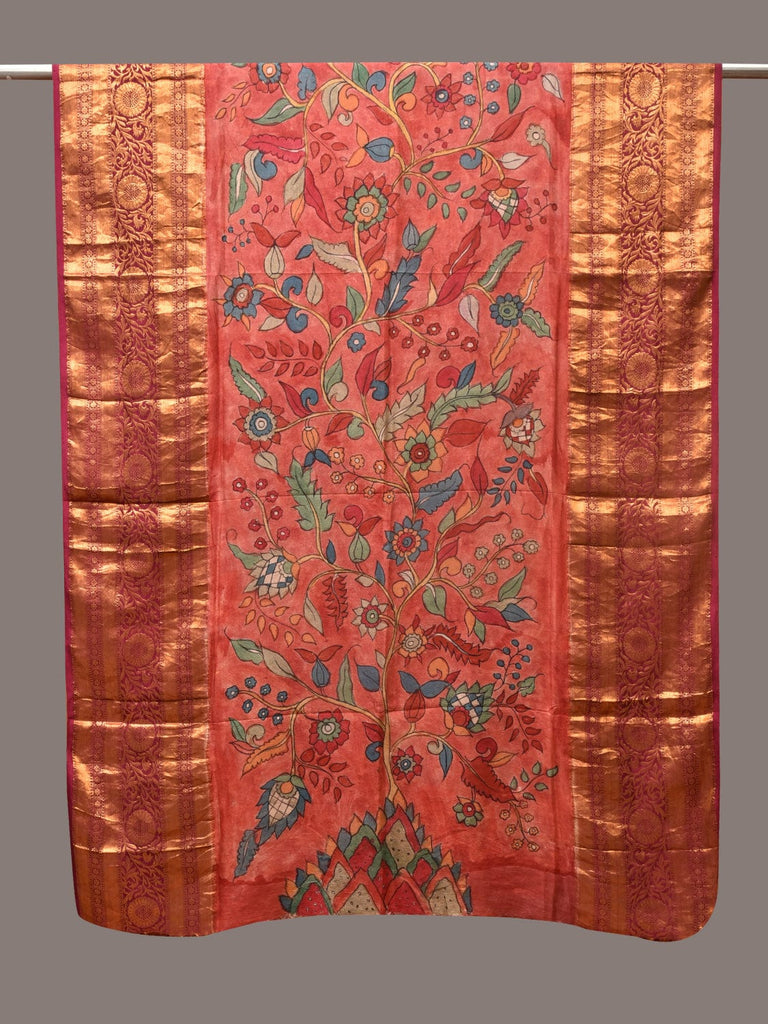 Red Kalamkari Hand Painted Kanchipuram Silk Handloom Dupatta with Floral Design ds3379
