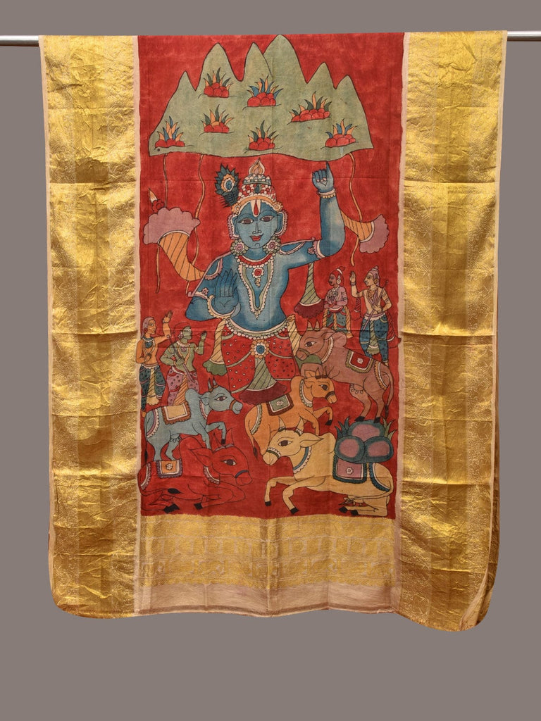 Red Kalamkari Hand Painted Kanchipuram Silk Handloom Dupatta with Krishna Design ds3428