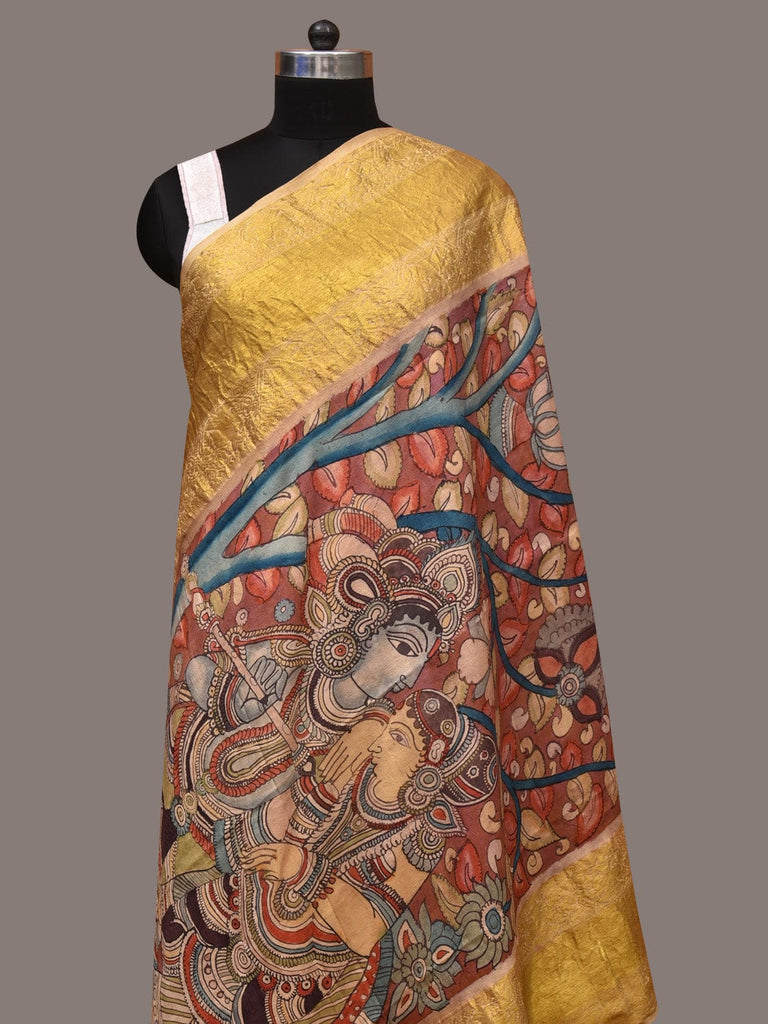 Red Kalamkari Hand Painted Kanchipuram Silk Handloom Dupatta with Krishna Design ds3430