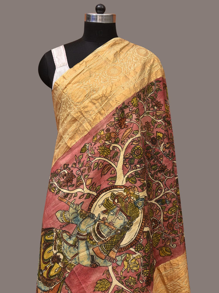 Red Kalamkari Hand Painted Kanchipuram Silk Handloom Dupatta with Krishna Design ds3452