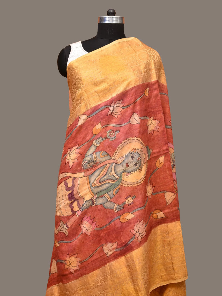 Red Kalamkari Hand Painted Kanchipuram Silk Handloom Dupatta with Lotus and God Design ds3243