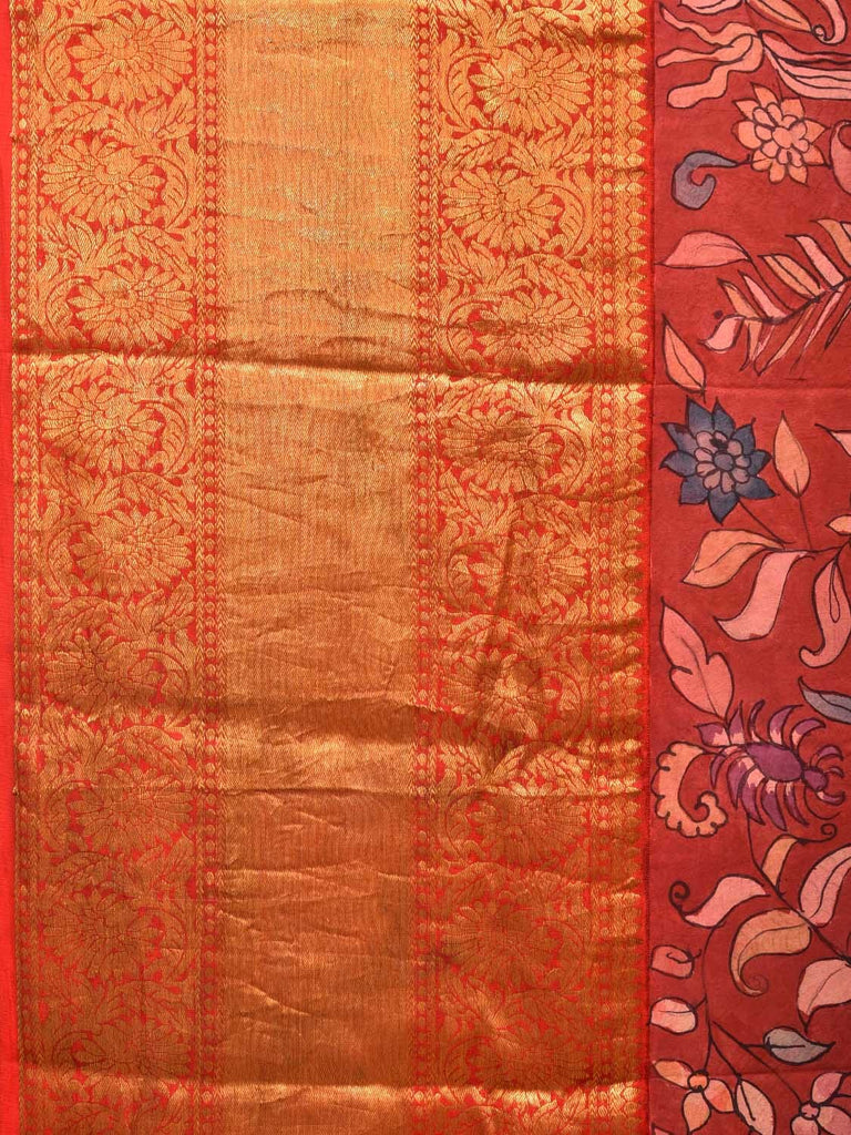 Red Kalamkari Hand Painted Kanchipuram Silk Handloom Saree with Floral Design KL0730