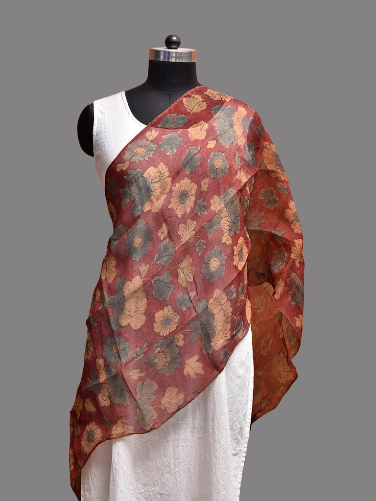 Red Kalamkari Hand Painted Organza Stole with Floral Design ds3777