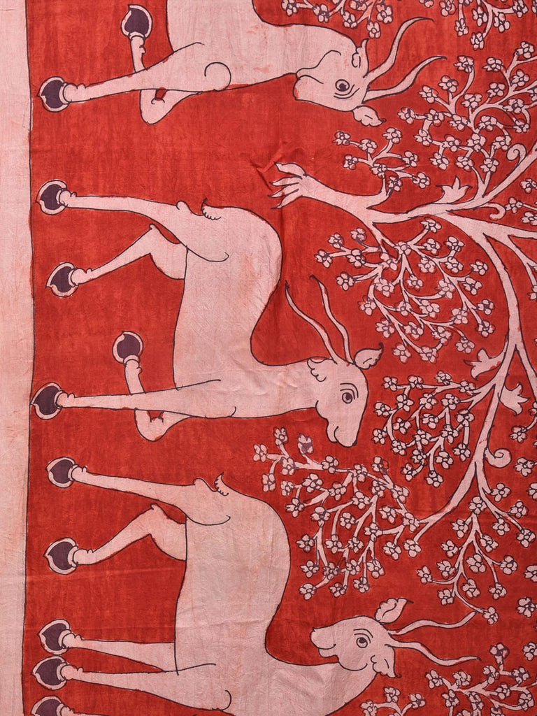 Red Kalamkari Hand Painted Silk Handloom Saree with Deer Border and Birds Pallu Design KL0743