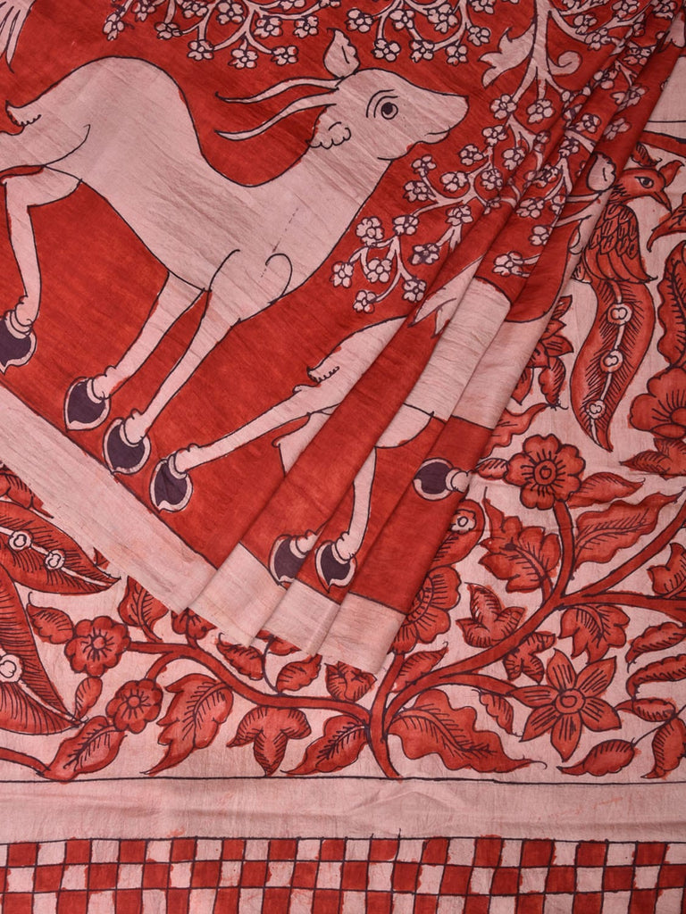 Red Kalamkari Hand Painted Silk Handloom Saree with Deer Border and Birds Pallu Design KL0743