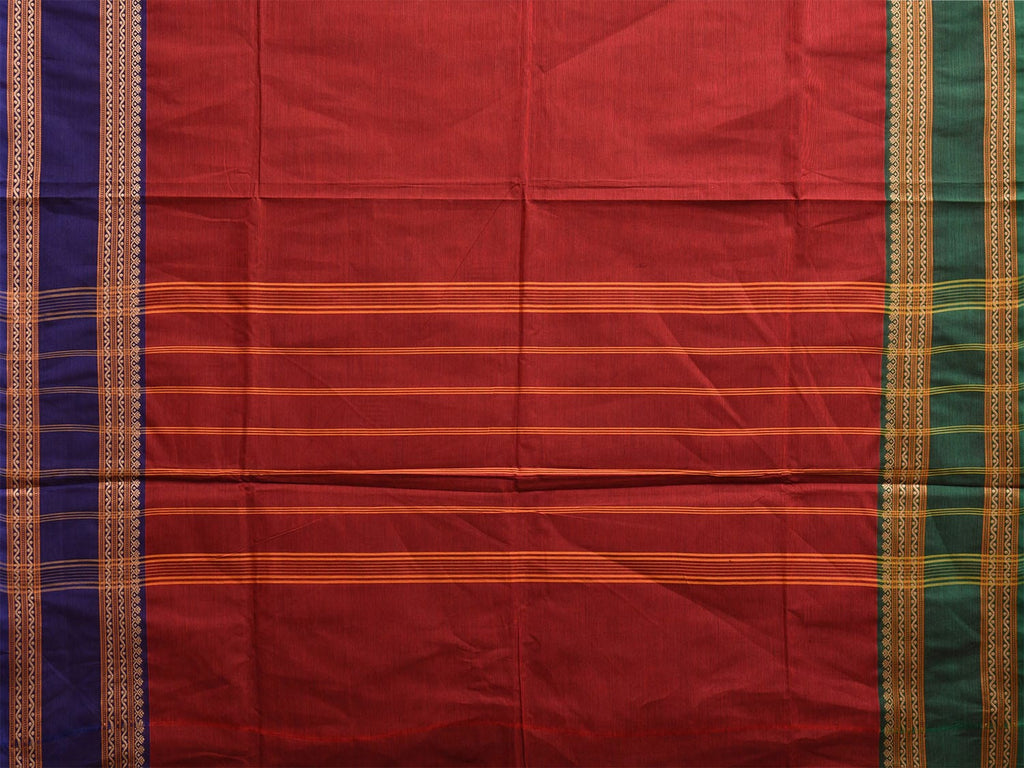 Red Kanchipuram Cotton Plain Saree with Ganga-Jamuna Border Design Kalamkari Blouse k0826