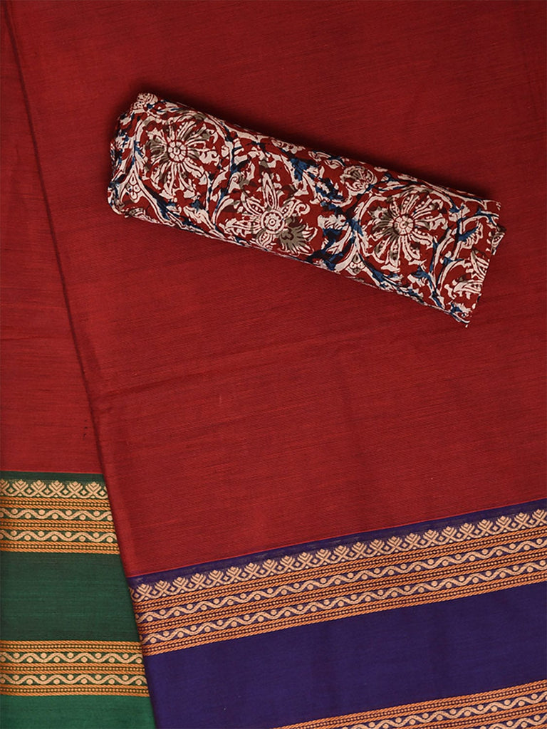 Red Kanchipuram Cotton Plain Saree with Ganga-Jamuna Border Design Kalamkari Blouse k0826