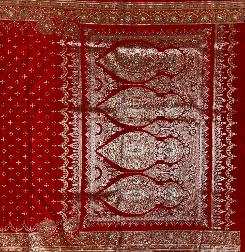 Red Katan Banarasi Saree with Silver Zari Floral Weaving And Grand Pallu B0642ds