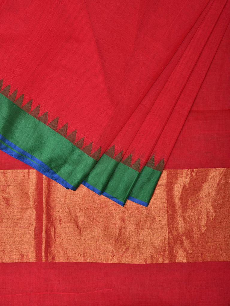 Red Khadi Cotton Handloom Plain Saree with Temple Border Design kh0617