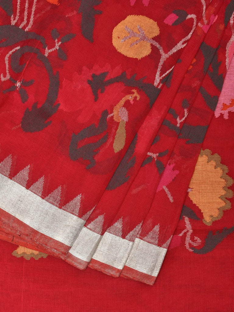 Red Khadi Cotton Handloom Saree with All Over Lotus Design kh0670