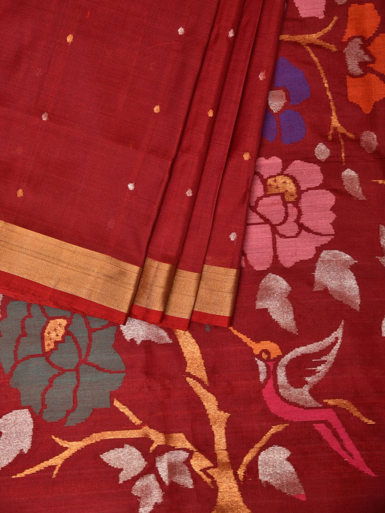 Red Uppada Silk Handloom Saree with Floral and Parrots Pallu Design u2066