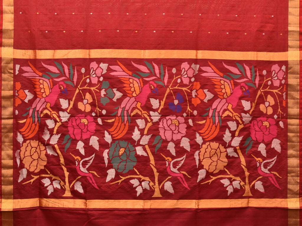 Red Uppada Silk Handloom Saree with Floral and Parrots Pallu Design u2066