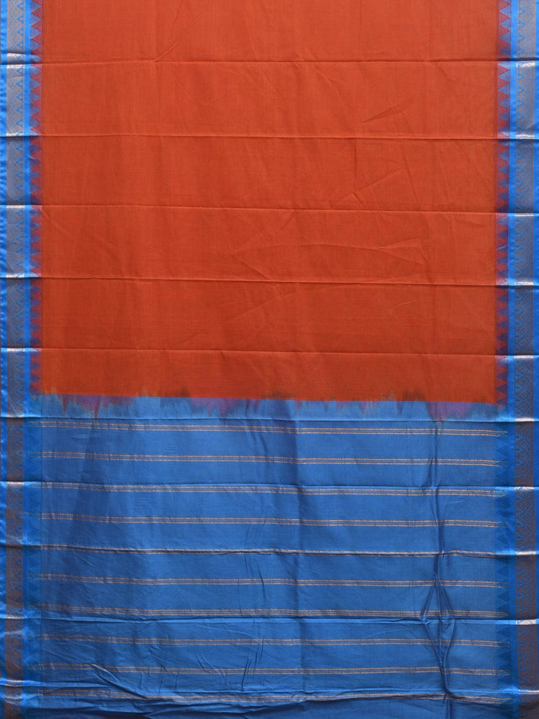 Rust and Blue Gadwal Cotton Handloom Plain Saree with Strips Pallu Design No Blouse g0372