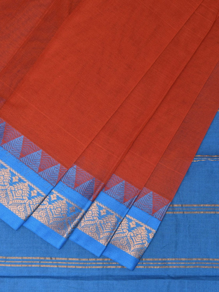 Rust and Blue Gadwal Cotton Handloom Plain Saree with Strips Pallu Design No Blouse g0372