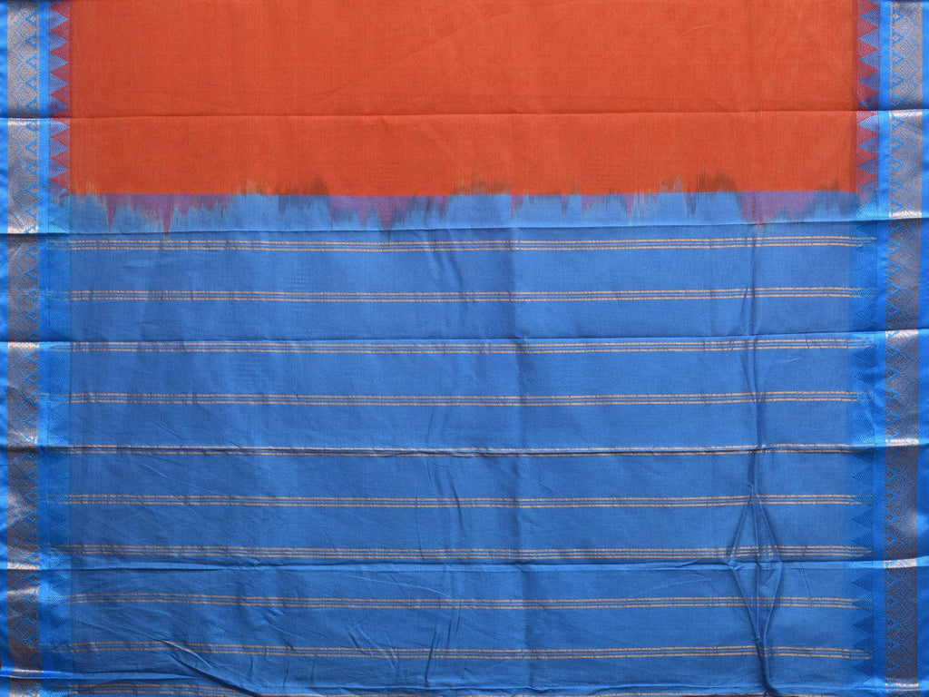 Rust and Blue Gadwal Cotton Handloom Plain Saree with Strips Pallu Design No Blouse g0372