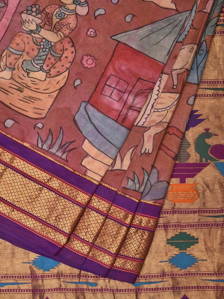 Rust and Purple Kalamkari Hand Painted Paithani Silk Handloom Saree with Village Theme Design KL0747