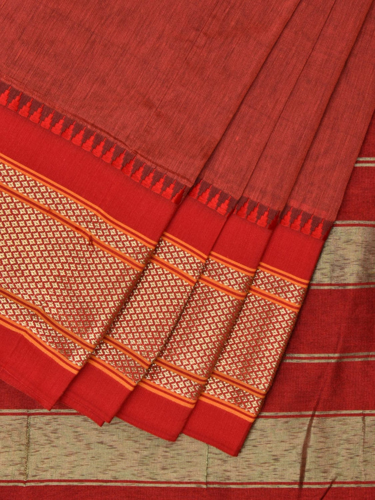 Rust and Red Bamboo Cotton Plain Saree with Narali Border No Blouse bc0552
