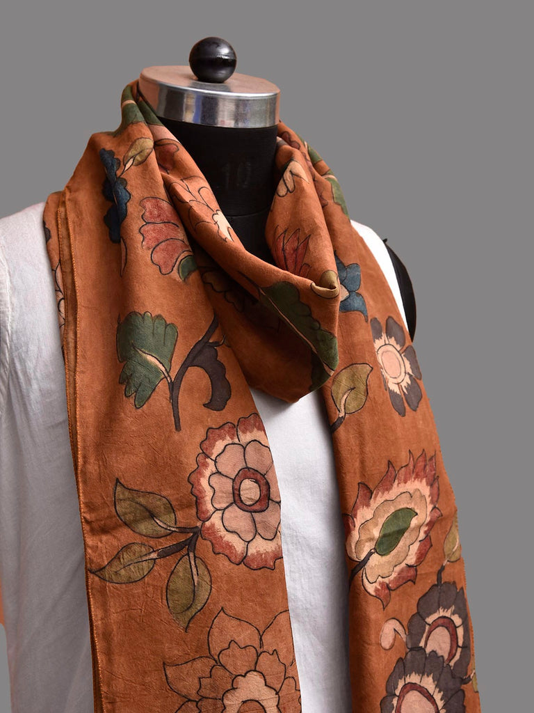 Rust Kalamkari Hand Painted Sico Stole with Floral Design ds3927