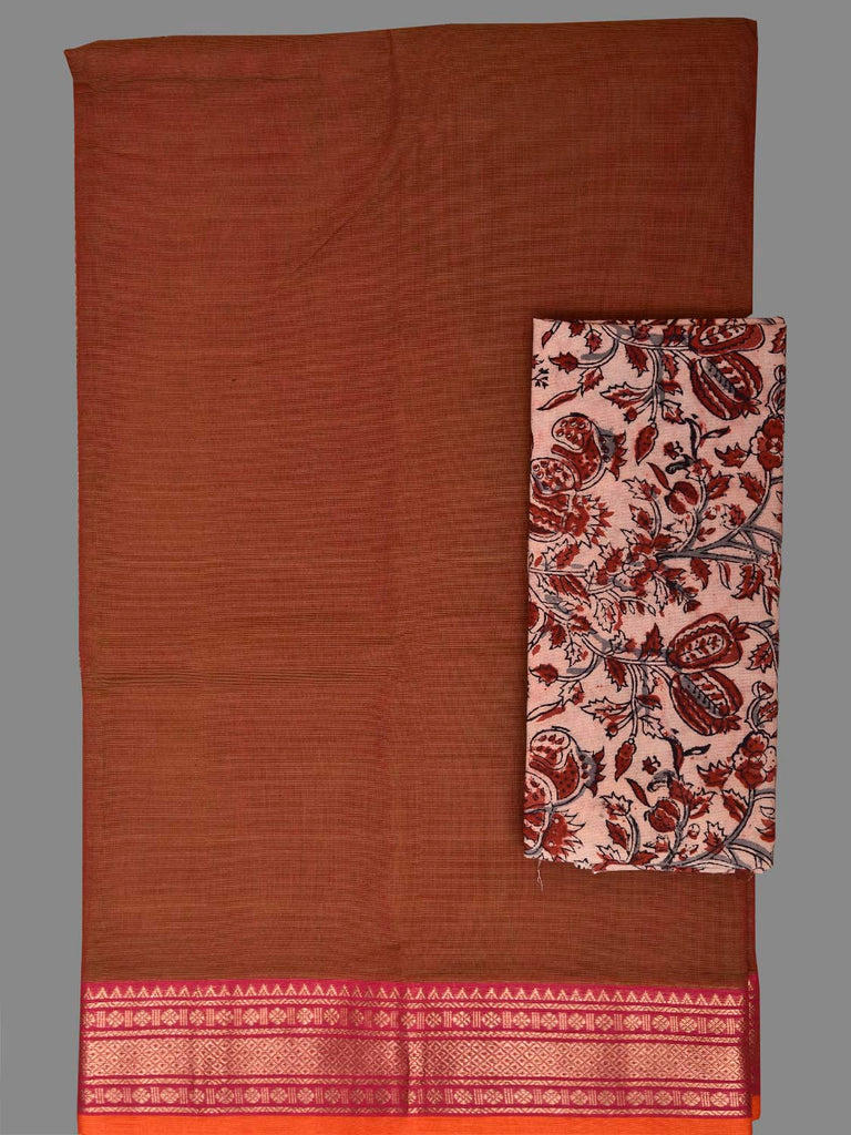Rust Kanchipuram Cotton Plain Saree with Strips Pallu Design and Kalamkari Blouse k0994