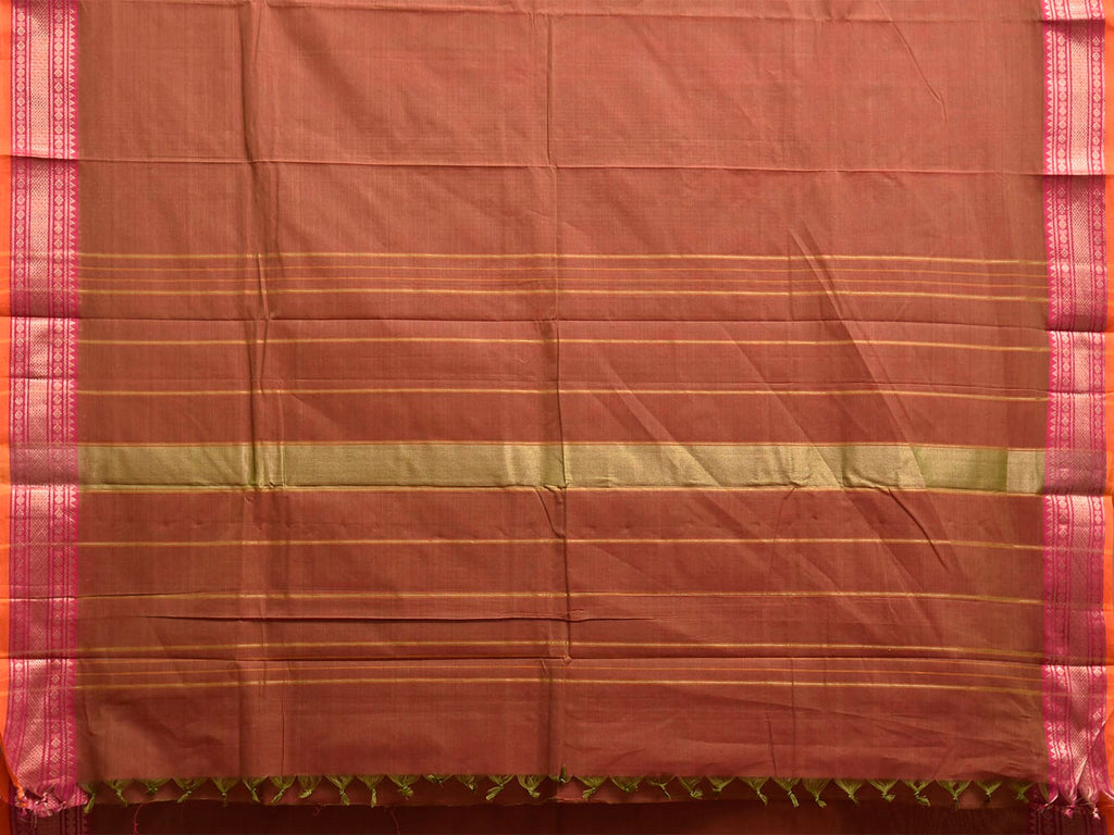 Rust Kanchipuram Cotton Plain Saree with Strips Pallu Design and Kalamkari Blouse k0994