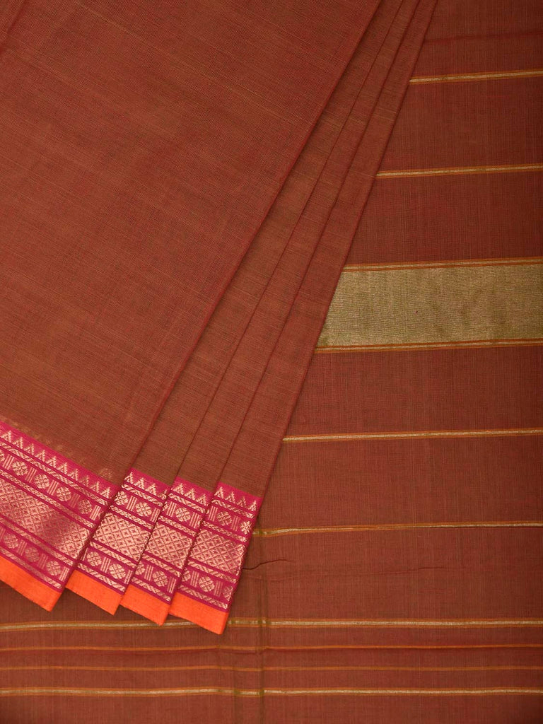 Rust Kanchipuram Cotton Plain Saree with Strips Pallu Design and Kalamkari Blouse k0994
