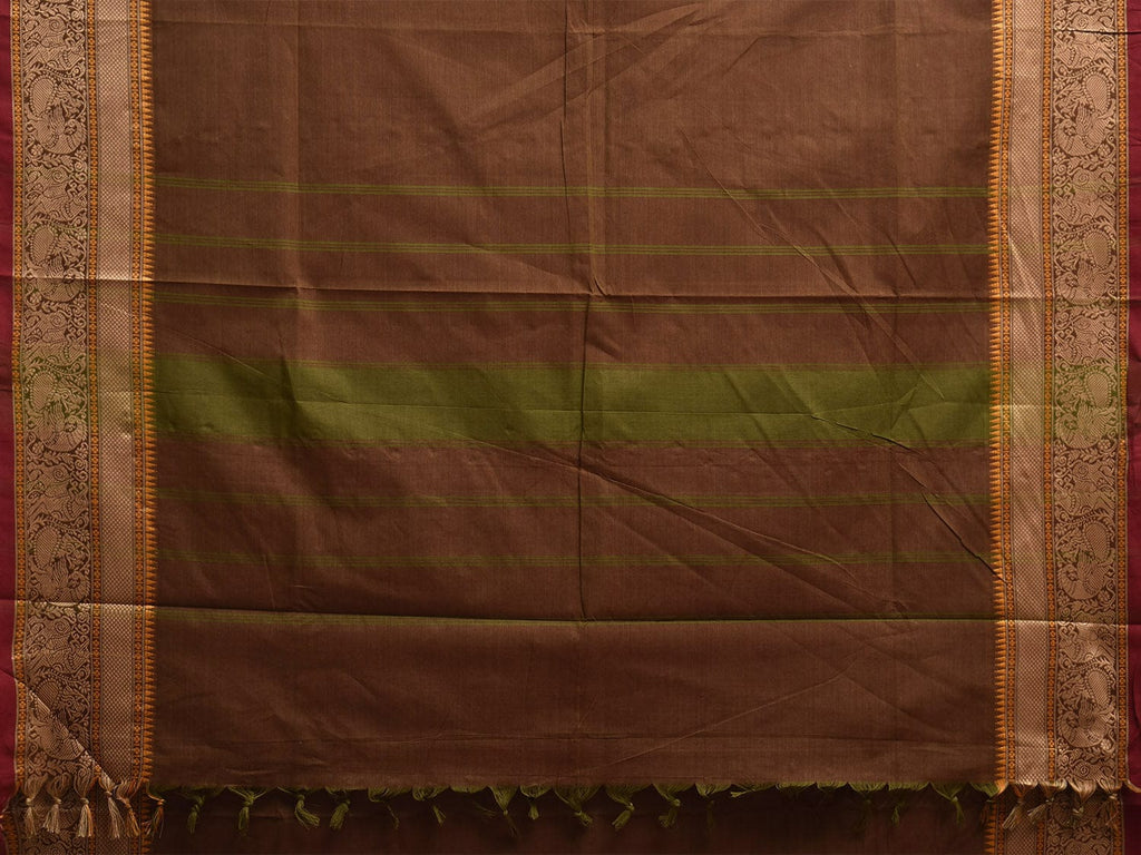 Rust Kanchipuram Cotton Plain Saree with Temple Border and Strips Pallu Design k0912