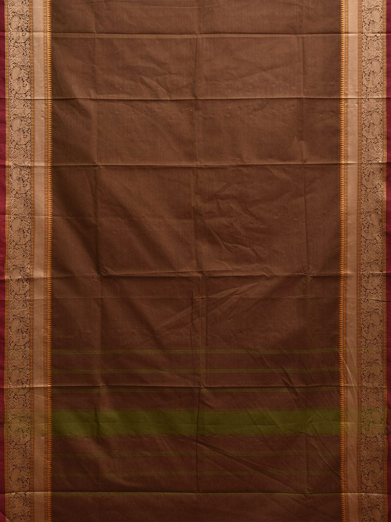 Rust Kanchipuram Cotton Plain Saree with Temple Border and Strips Pallu Design k0912