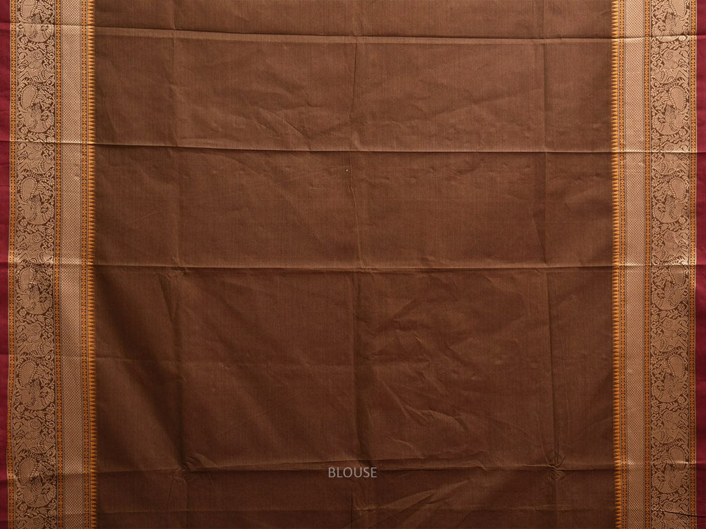 Rust Kanchipuram Cotton Plain Saree with Temple Border and Strips Pallu Design k0912