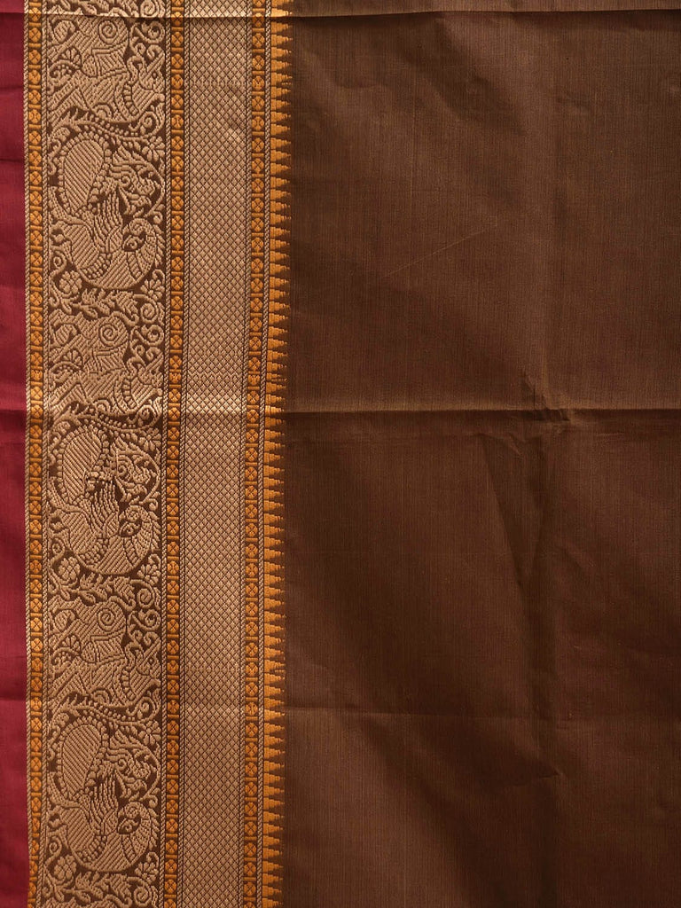 Rust Kanchipuram Cotton Plain Saree with Temple Border and Strips Pallu Design k0912