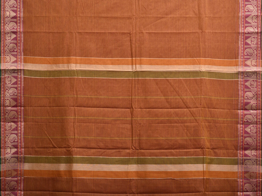 Rust Kanchipuram Cotton Saree with Strips Pallu and Border Design k0871