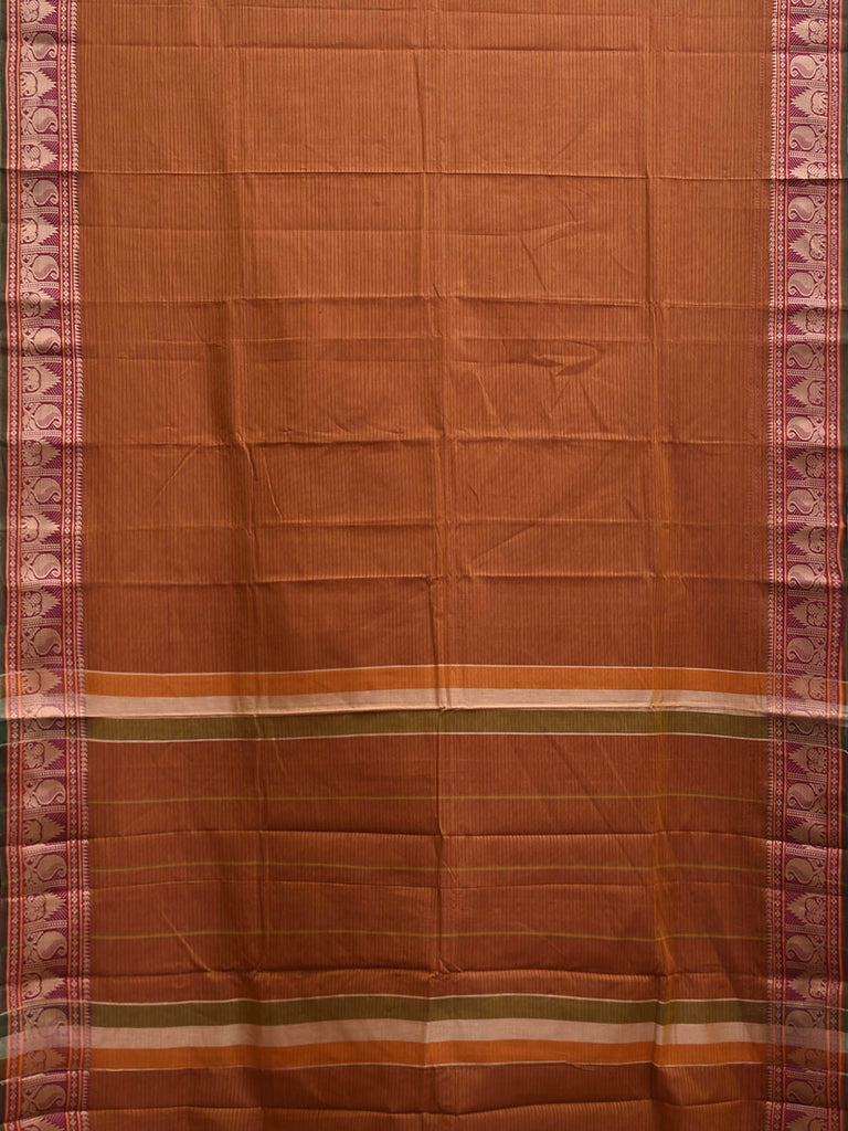 Rust Kanchipuram Cotton Saree with Strips Pallu and Border Design k0871